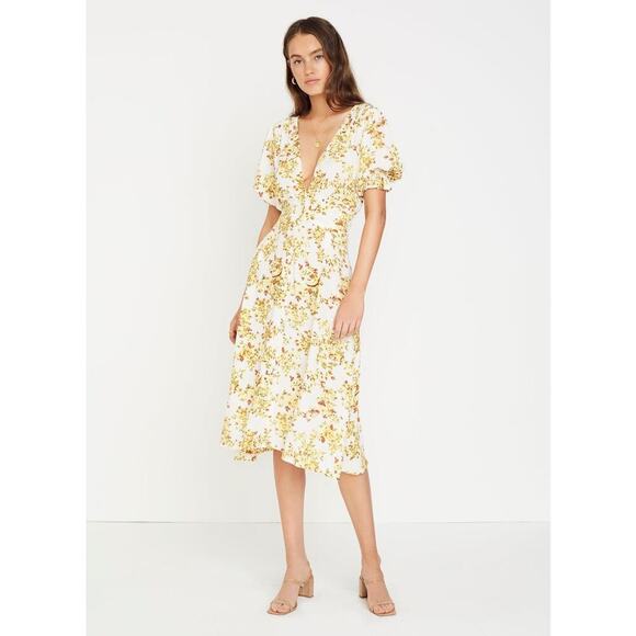 FAITHFULL Goldie Floral Off White Rafa Midi Dress Women's Size 6 = Medium - Picture 3 of 16